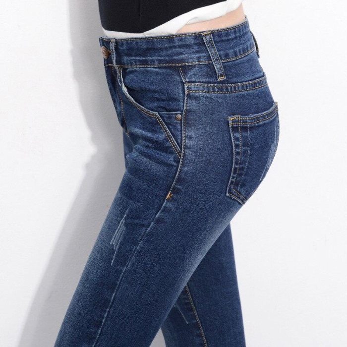 Spring and Autumn High Waist Denim Pants Female Slim Skinny Stretch Pencil Pants Women Ripped Blue Jeans Trousers