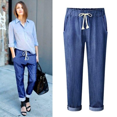 Summer Lace up Elastic Waist Plus Size Harem Pants Women Ankle length Jeans Casual Loose Big Size Capri Pants 5xl 6xl