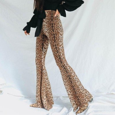 Animal Print Women High Waist Pants Ladies Harajuku Streetwear Bell Bottom Pants Casual Long Leopard Flare Pants Trousers