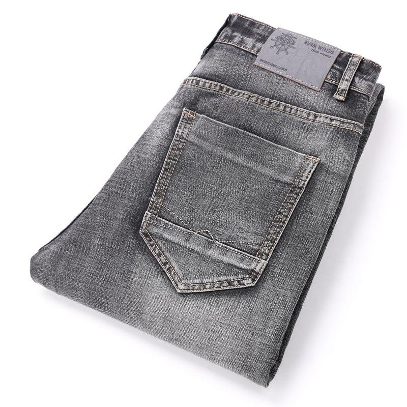 Men Jeans Business Casual Summer Straight Slim Fit Grey Jeans Stretch Denim Pants Trousers Classic Cowboys Size 28 40