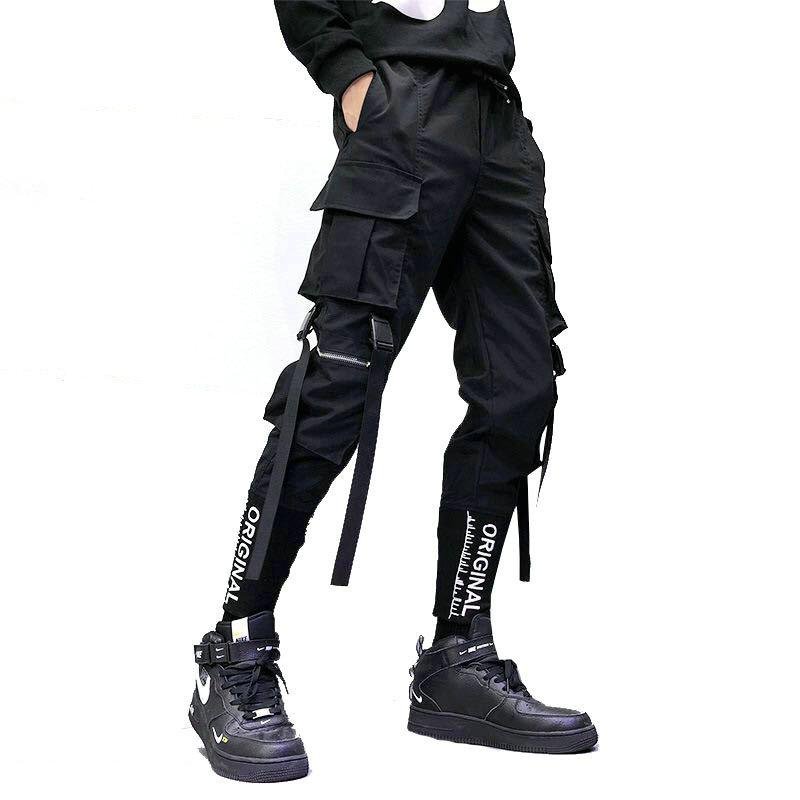 Fashion Men Hip Hop Pants Streetwear Ribbon Men Overalls Leisure Pocket Pants Elastic Waist Trousers Sweatpants Streetwear