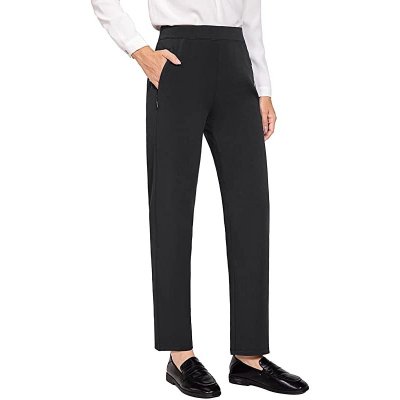 BALEAF Women Fleece Lined Pants Sweat Casual Work Pull On Straight Leg Slacks with Zipper Pockets at Women Clothing store