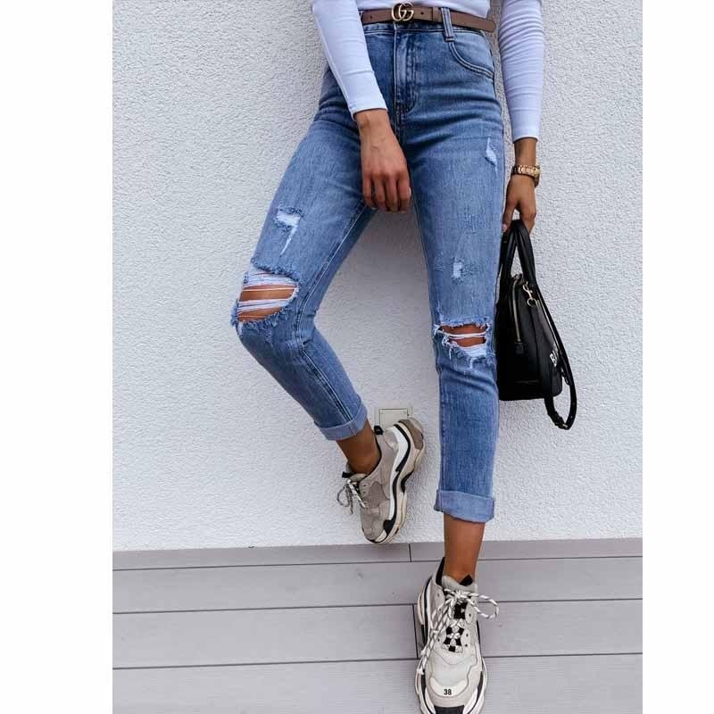 Women Stretch Ripped Distressed Skinny High Waist Denim Pants Shredded Jeans Trousers Slim Ladies Spring Autumn Wear