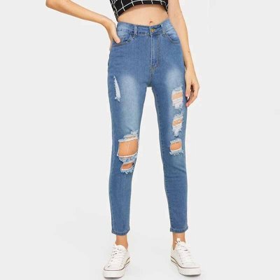 Blue Ripped Jeans For Women Slim Denim Jeans Casual Skinny Straight Pants Fashion Women Clothing Plus Size S XL