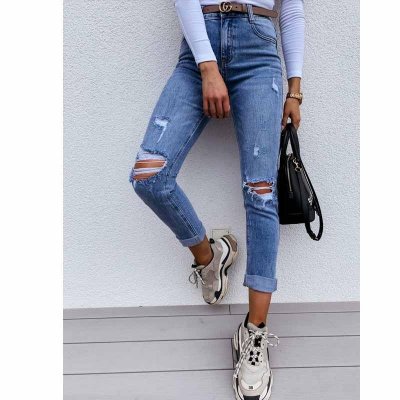 Women Stretch Ripped Distressed Skinny High Waist Denim Pants Shredded Jeans Trousers Slim Ladies Spring Autumn Wear