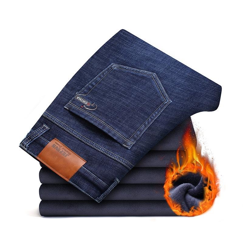 Winter Warm Fleece Men Jeans Thick Stretch Denim Jean Straight Trousers Fashion Male Cotton Pants Men Size 40 42 44 46,LY3095