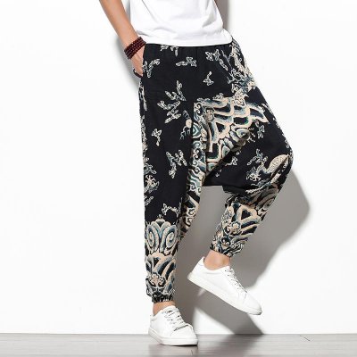 Baggy Cotton Linen Harem Pants Men Hip Hop Women 2020 Printed Wide Leg Trousers Casual Vintage Long Pants Pantalones Hombre
