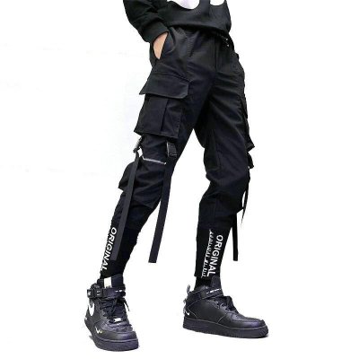 Fashion Men Hip Hop Pants Streetwear Ribbon Men Overalls Leisure Pocket Pants Elastic Waist Trousers Sweatpants Streetwear